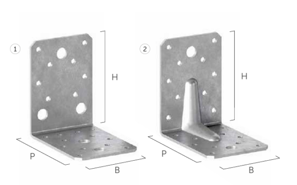 Escuadras metálicas reforzadas con perforaciones para fijación, diseñadas para unir y reforzar estructuras de madera y metal.