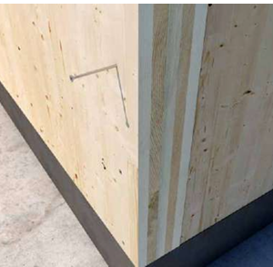 Estructura de madera laminada CLT (Cross Laminated Timber) con sistema de fijación metálica, utilizada en construcción sostenible y de alta resistencia.