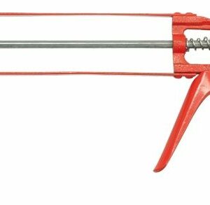 Pistola aplicadora de silicona manual con estructura metálica resistente, ideal para la aplicación de adhesivos y selladores en trabajos de bricolaje y construcción.