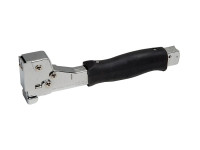 Martillo engrapador de impacto con mango ergonómico de goma, ideal para fijar materiales como telas, aislantes y láminas en superficies de madera y otros materiales.