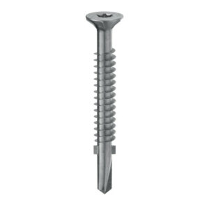 Tornillo autoperforante con cabeza avellanada y rosca especial, diseñado para fijaciones seguras en estructuras metálicas y de madera sin necesidad de perforado previo.