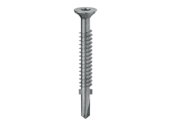 Tornillo autoperforante con cabeza avellanada y rosca especial, diseñado para fijaciones seguras en estructuras metálicas y de madera sin necesidad de perforado previo.