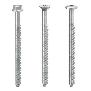 Tornillos estructurales con diferentes tipos de cabeza (hexagonal, avellanada y plana), diseñados para fijaciones de alta resistencia en madera y construcción.