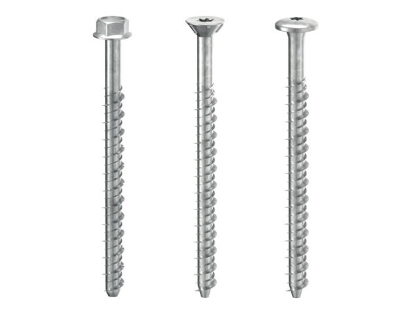 Tornillos estructurales con diferentes tipos de cabeza (hexagonal, avellanada y plana), diseñados para fijaciones de alta resistencia en madera y construcción.