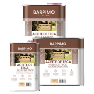 Envases de aceite de teca Barpimo, producto diseñado para nutrir, restaurar y proteger la madera en exteriores e interiores.