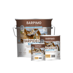 Envases de lasur Barpidecor al agua de Barpimo, diseñado para proteger y decorar la madera en exteriores con acabado natural y duradero.