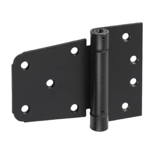 Bisagra negra con resorte de cierre automático, ideal para puertas de madera y metal, proporcionando un cierre seguro y eficiente en aplicaciones residenciales e industriales.